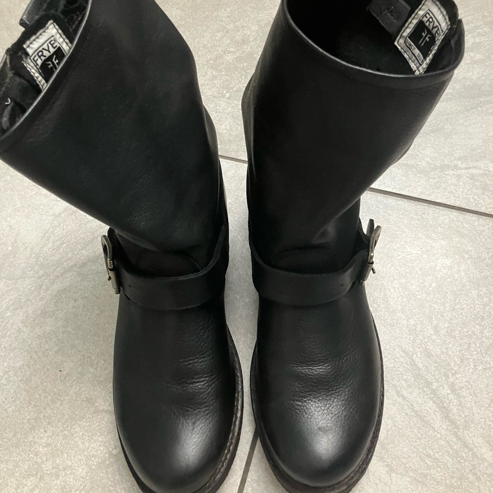 Frye Black Leather Combat Boots with Buckle